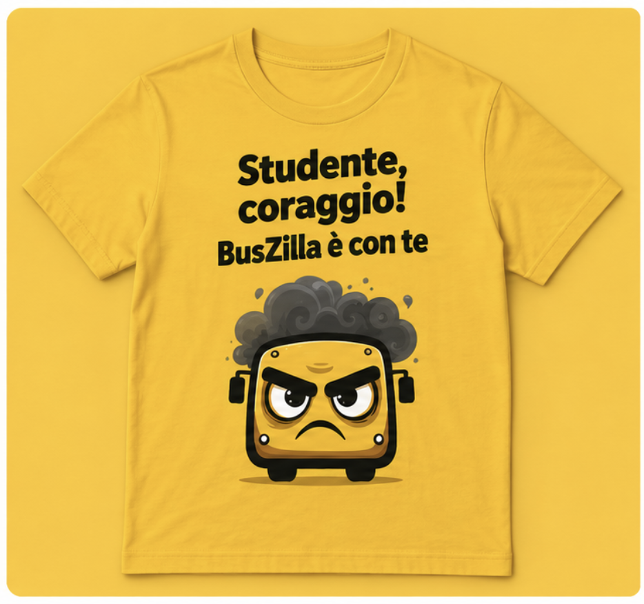 Maglietta gialla BusZilla con scritta studente, coraggio! BusZilla è con te