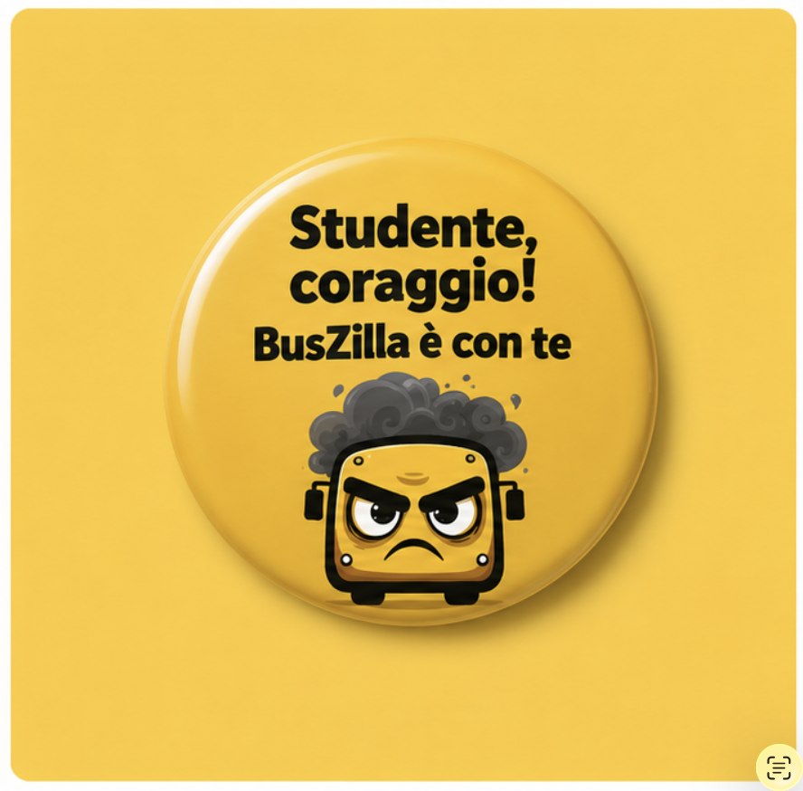 Spilletta gialla BusZilla con scritta studente, coraggio! BusZilla è con te